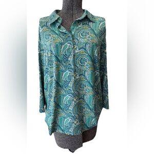 Talbots X ladies blue/green paisley print rayon stretch pullover blouse-3/4 slee